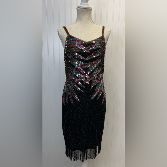 Vintage Patchouli From Nature Sequin Strappy Frindged‎ Hem Mini Dress Sz M - Picture 1 of 9